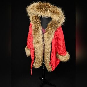 Luxurious Red Fur-Trimmed Puffer Coat